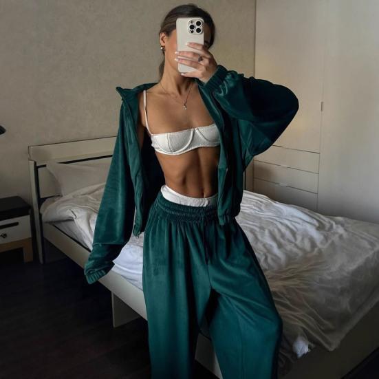 Two Piece Tracksuit Set for Women Cropped Zip Up Sweatshirt And Wide Leg Sweatpants Sets Spring Casual Sweatsuit Lounge Set