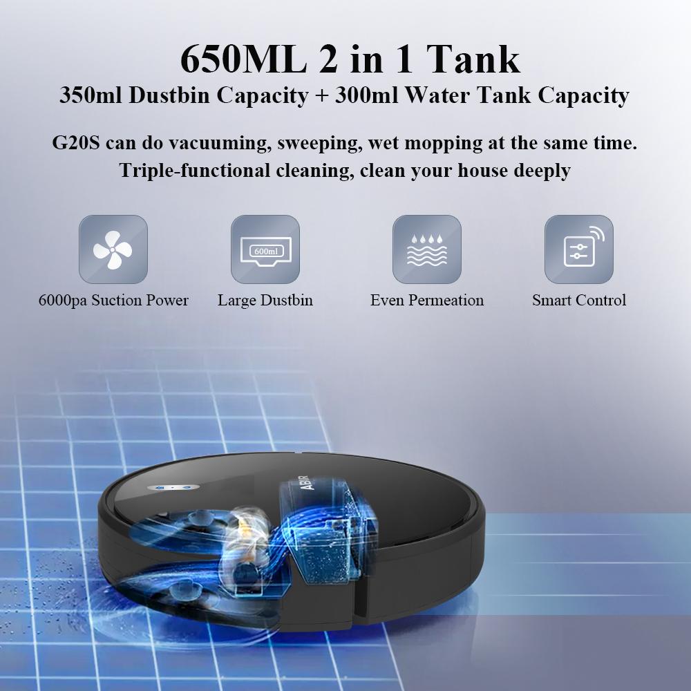 ABIR Aspirator robot G20S, memorie hartă, aspirație 6000 Pa, upgrade de la distanță, mop umed electric, aplicație WIFI Spălarea inteligentă a podelei pentru casă