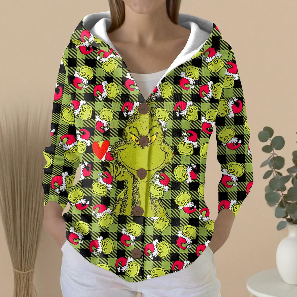 Women's Fashion Casual Sweater Button-Up Print Cardigan  Hooded Jacket
