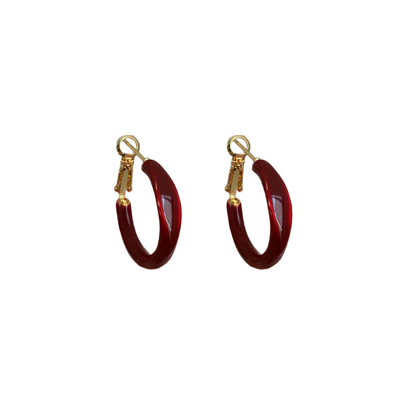 Retro Wine Red Color Drop Oil Hoop Earrings for Women Girls Temperament Elegant Earrings Buckle Daily Commute Jewelry Wholesale