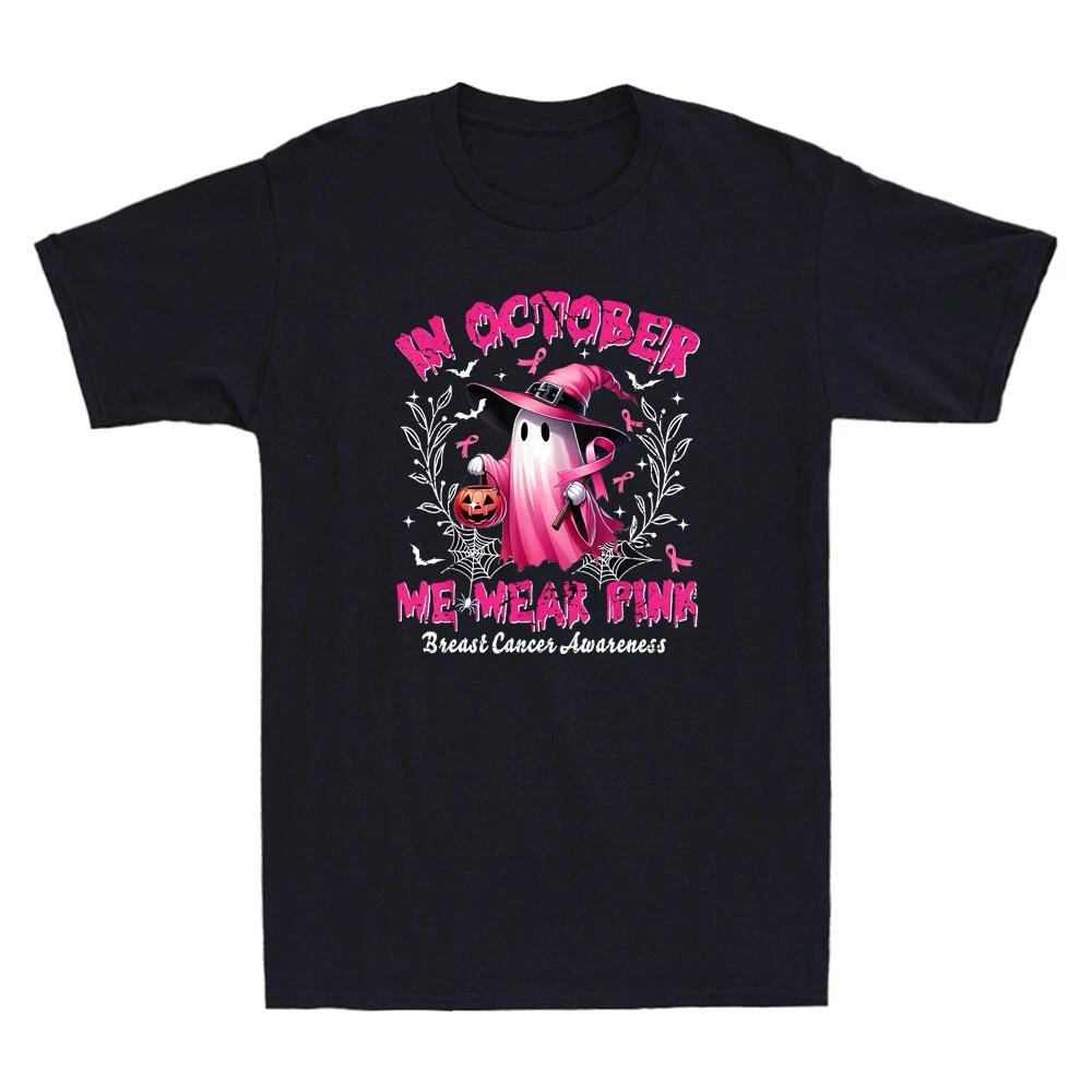 In October We Wear Pink Ghost Witch Breast Cancer Awareness Retro Men s T-Shirt XL