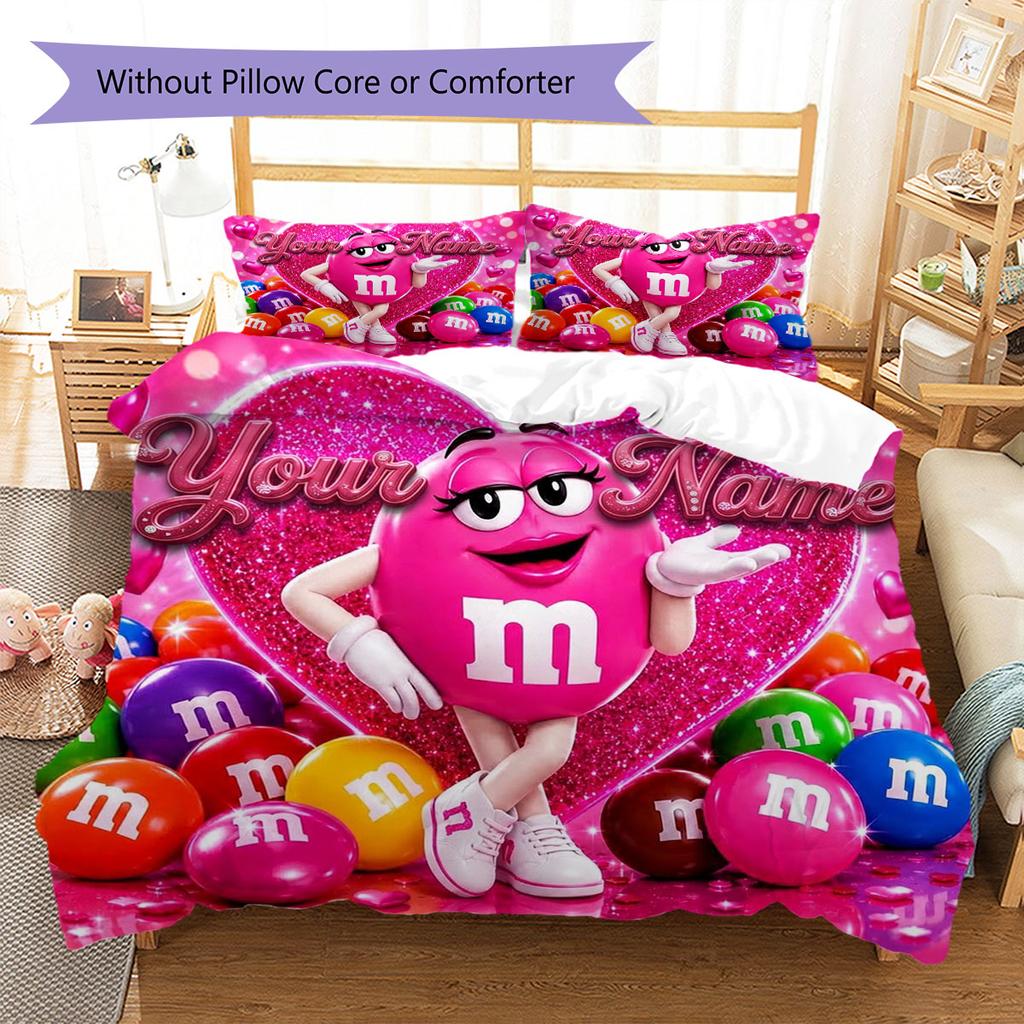 M&M's Custom Name Pattern Bedding,Quilt Set Quilt Cover Pillowcase Home Birthday Gift(1 * Duvet Cover + 2 * Pillowcase, Without Core)