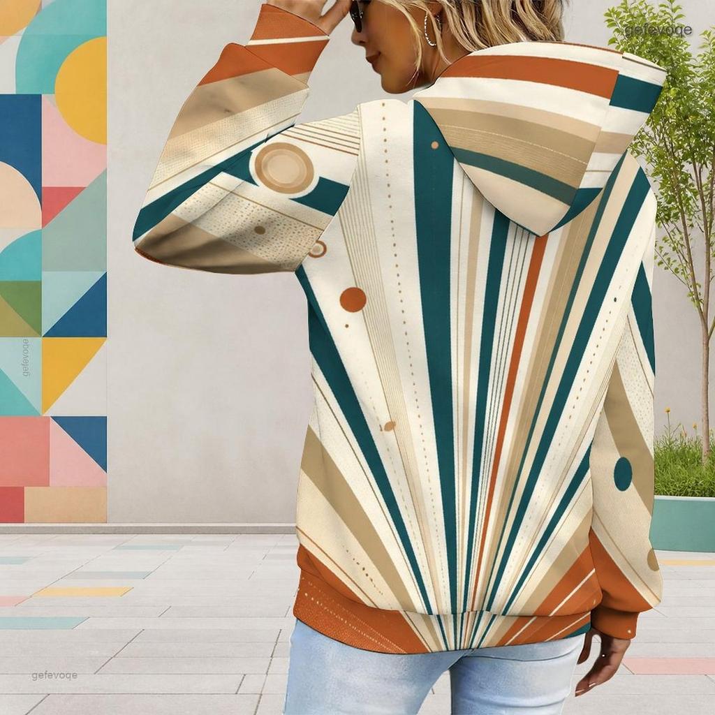 Women Plus Size Long Sleeve Geometric Printed Blue White Hoodie Pullover With Kangaroo Pocket