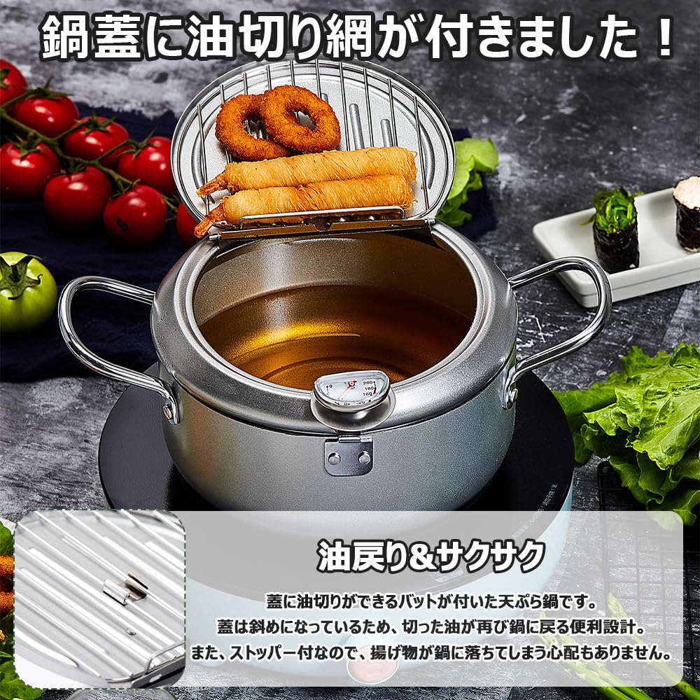 Tempura Fryer with Thermometer, Lid, Draining Rack, Spout, and Oil-saving Function (20, Silver)
