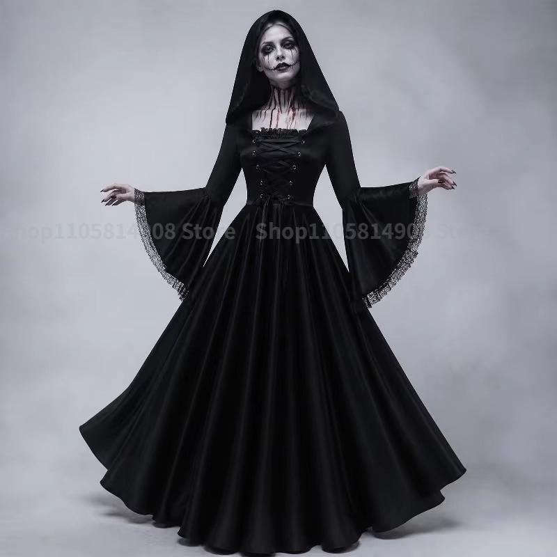 Halloween Středověké Gotické Maxi Šaty s Kapucí Kostým Duchů Nevěsty Čarodějnice pro Dospělé Dlouhé Rozšířené Rukávy Cosplay Roucho na Tematickou Párty