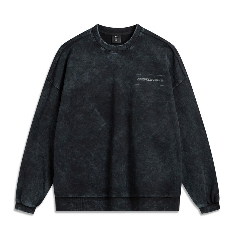 Li Ning CF Tie-Dye Letter Print Washed Vintage Loose Crew Neck Pullover Sweatshirt Men Sweatshirt Black AWDV797-4