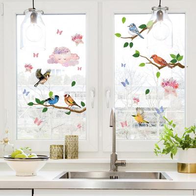 Pegatinas de pared con dibujos de pájaros y ramas de flores, pegatinas electrostáticas para ventana, pegatinas decorativas visuales de doble cara para pared