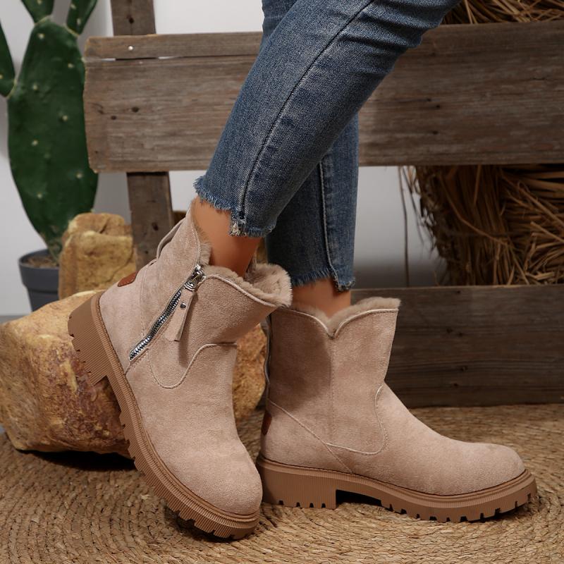 Fashion Fashion Side Zip Short Plush Snow Boots Women 2025 Winter Round Toe Thick Bottom Medium Heel Ankle Boots Warm Non Slip Booties