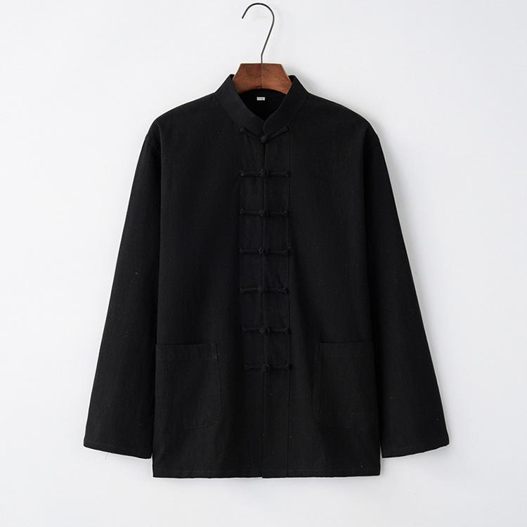 Men’s Chinese Cotton Linen Tang Suit Long Sleeve Frog Button Kung Fu Shirt - Hanfu Zen Meditation Top for Middle-Aged & Elderly (Spring)