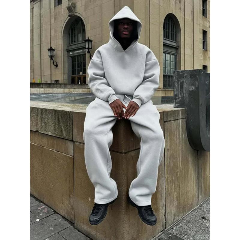 Unisex Oversized Hooded Sweatshirt Matching Joggers Set Solid Color Streetwear Casual Lounge Wear