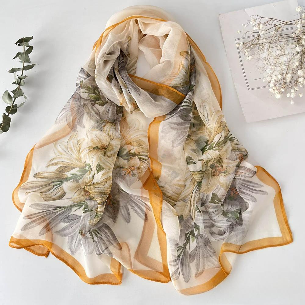 Lotus Sunscreen Silk Scarf Seaside Beach Towel Long Ladies Silk Scarf Lotus Pond Moonlight Thin Silk Scarf