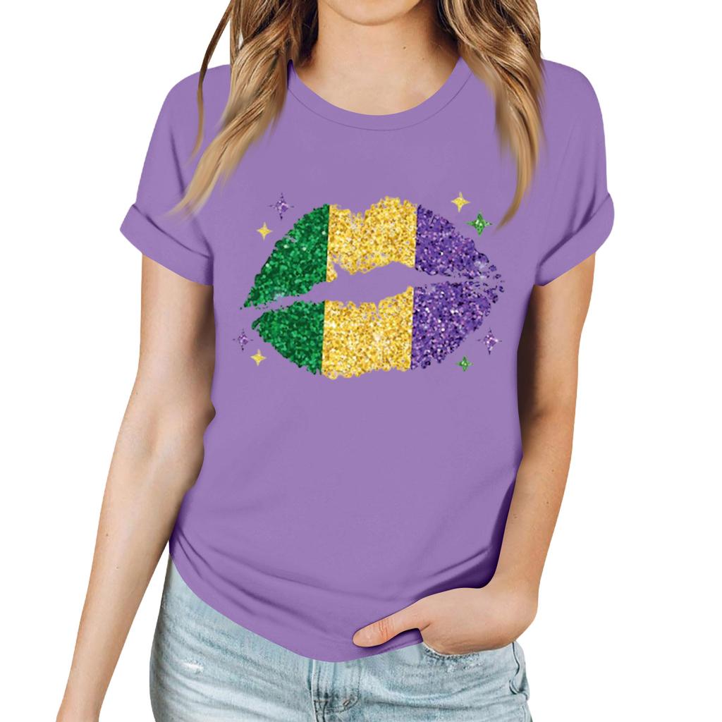 Women's Casual Carnival Print T-Shirt Round Neck Pullover Short Sleeve Top