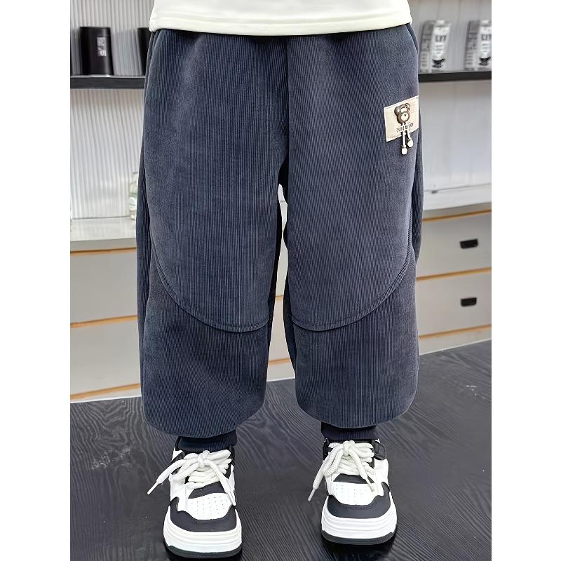 Boys' Winter Long Pants, Corduroy Style for Autumn and Winter, Warm and Fashionable Fleece-Lined Trousers with Cartoon Designs, for Outdoor, Thick