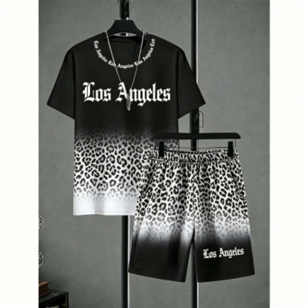 Fun Men's Set Letter Leopard Colorful Printed Men's T-shirt and Shorts 2 Piece Set Summer Casual Outdoor Men's and Women's T-shirt Sets