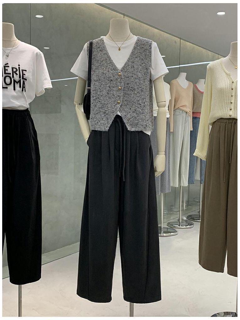 Plus Size Women's High Waist Wide Leg Pants - Spring Loose Fit with Elastic Lace-up Waist