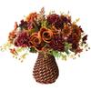 Artificial Faux Flowers In Vase, Fake Silk Floral Arrangements Rose Bouquets with Handmade Rattan Vase, Farmhouse Table Decorations Centerpieces for