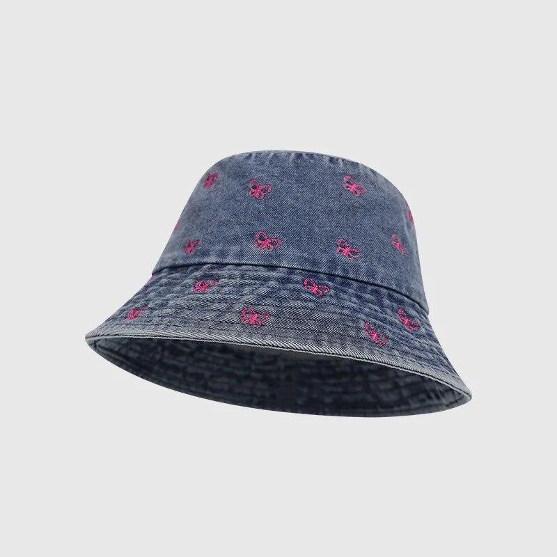 Korean Sweet Butterfly Embroidered Denim Fisherman Hat Women Wide Brim Show Face Small Spring Summer Sun Basin Bucket Hat