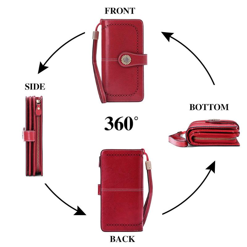 Moda Hollow oryginalne skórzane długie portfele damskie portfele blokowane RFID kobiece duże portmonetki gładki zamek błyskawiczny damskie kopertówka z paskiem na nadgarstek na prezenty na dzień matki