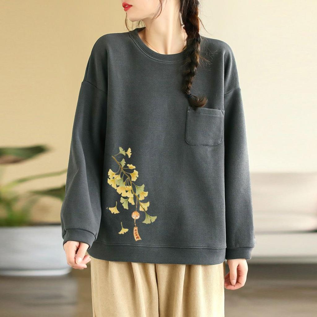 Pullover mit Tasche Sweatshirt Damen Herbst und Winter Neu Literarisch Westlicher Stil Vielseitiges Oberteil