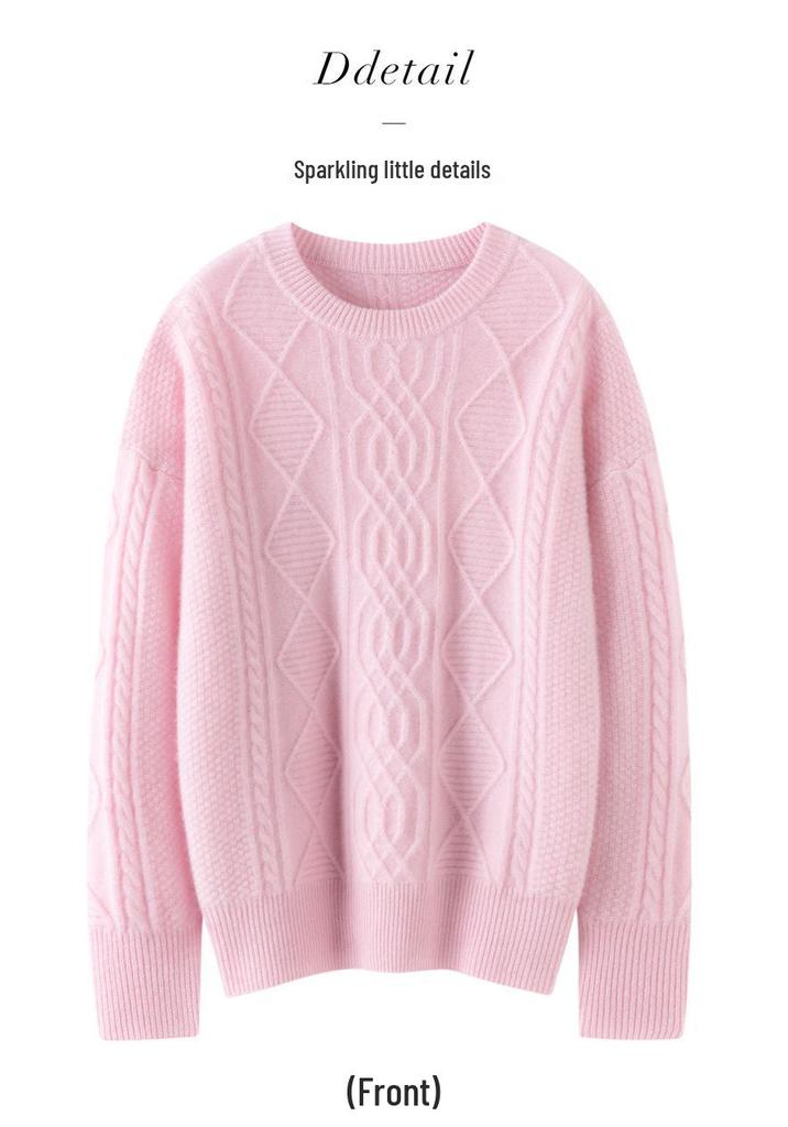 Efterår/Vinter 3D Diamant Flettet Cashmere Sweater - Dame Rund Hals, Langærmet, Ensfarvet, Varm & Komfortabel