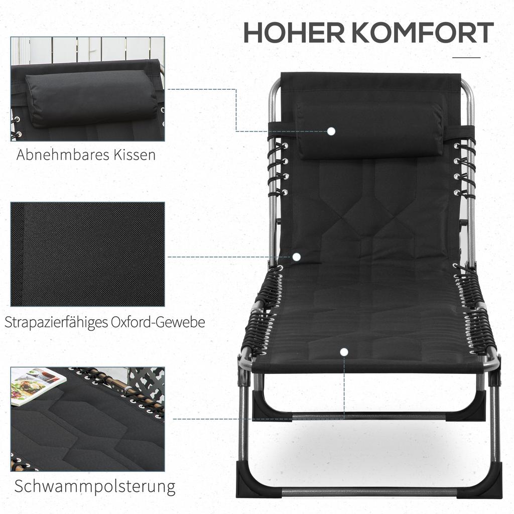 Sun Lounger, Foldable Garden Lounger with Headrest Pillow, Side Pocket, Deck Chair with 5-Way Adjustable Backrest