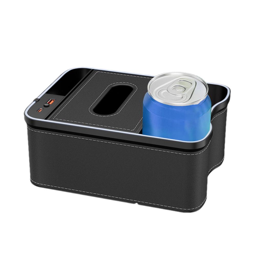 Car Console Organizer Car Organizer Tissue Holder USB Rechargeable Storage Organizer With Ambient Light Tissue Box Cell Phone