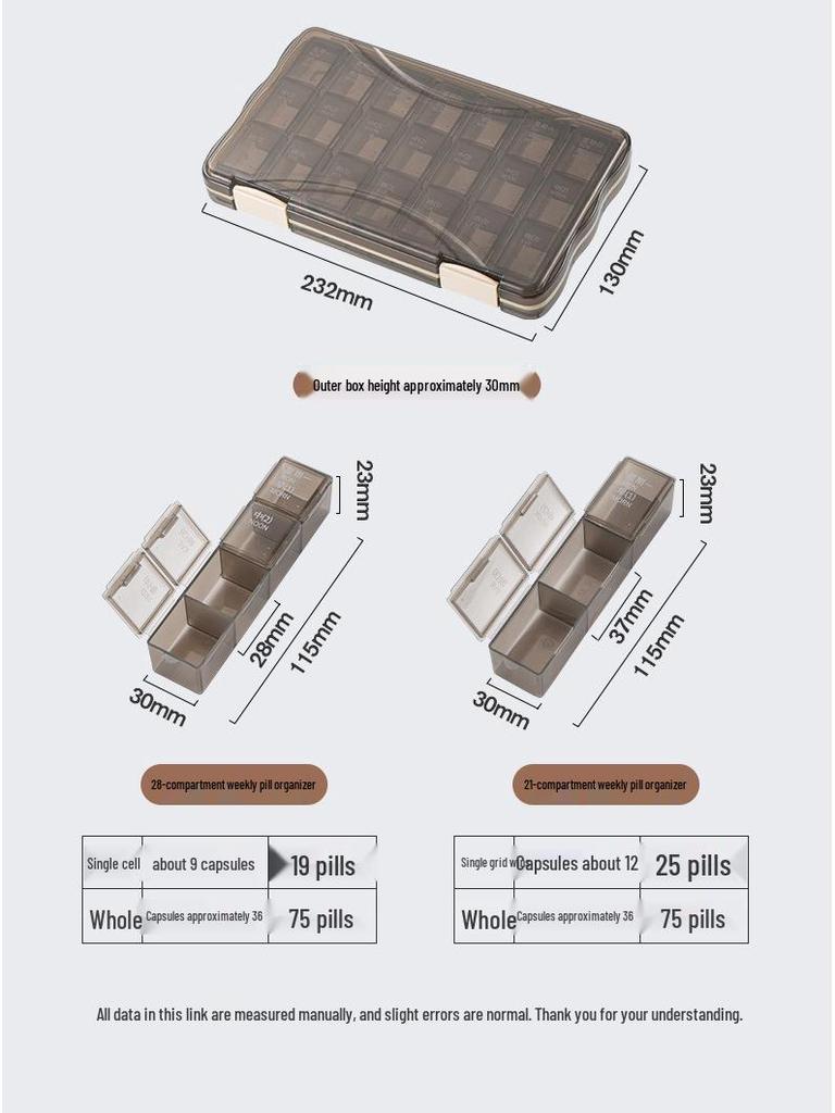 Compact Multi-Color 7-Day Pill Organizer with 21 & 28 Compartments
