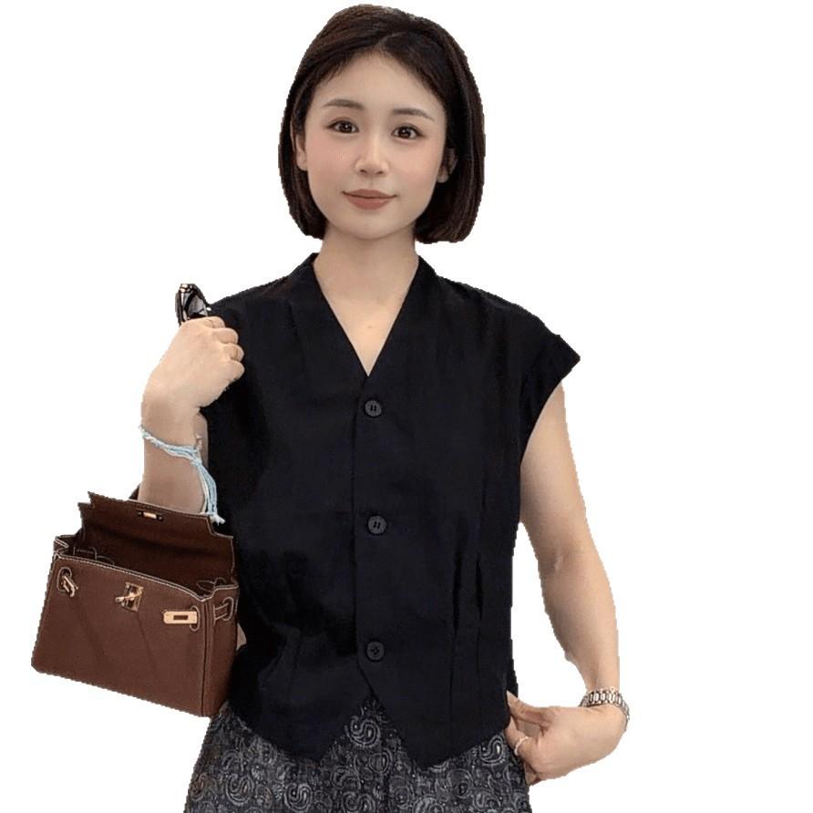 1116 Summer New French Niche V-Neck Top Women's Premium Sleeveless Versatile Single-breasted Shirt Premium Sense