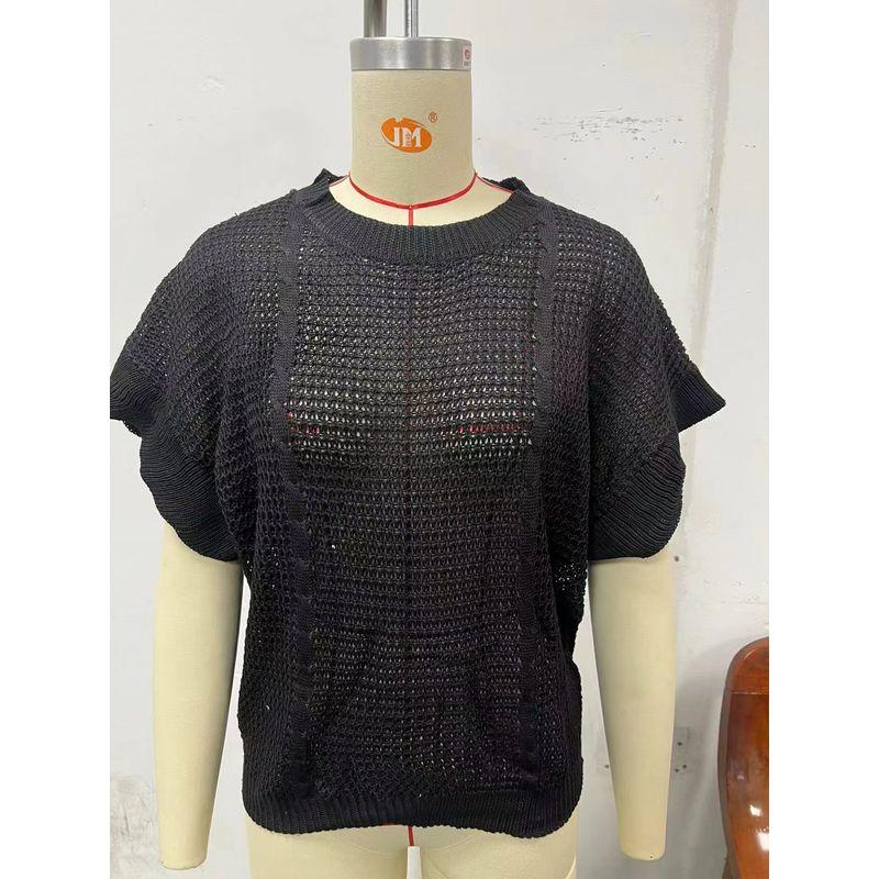 

Fashion Style New Arrival Ruffle Sleeve round Neck Knitting Pullover Tops round Neck Neck Knitted Top Black M