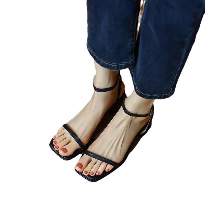 Summer Classic Daily Versatile Square Head Open Toe Middle Heel One Word With High Heel Sandals Women'S Summer Thick Heel