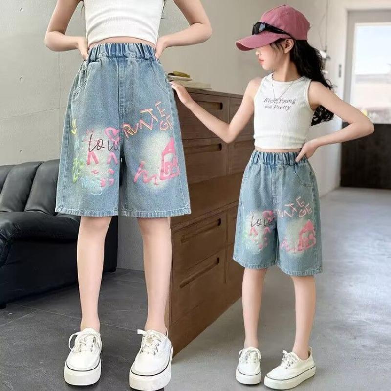 Summer Girls  Korean Style Lightweight Denim Shorts Alphabet Print Casual Summer Pants for Kids Breathable 120 синий