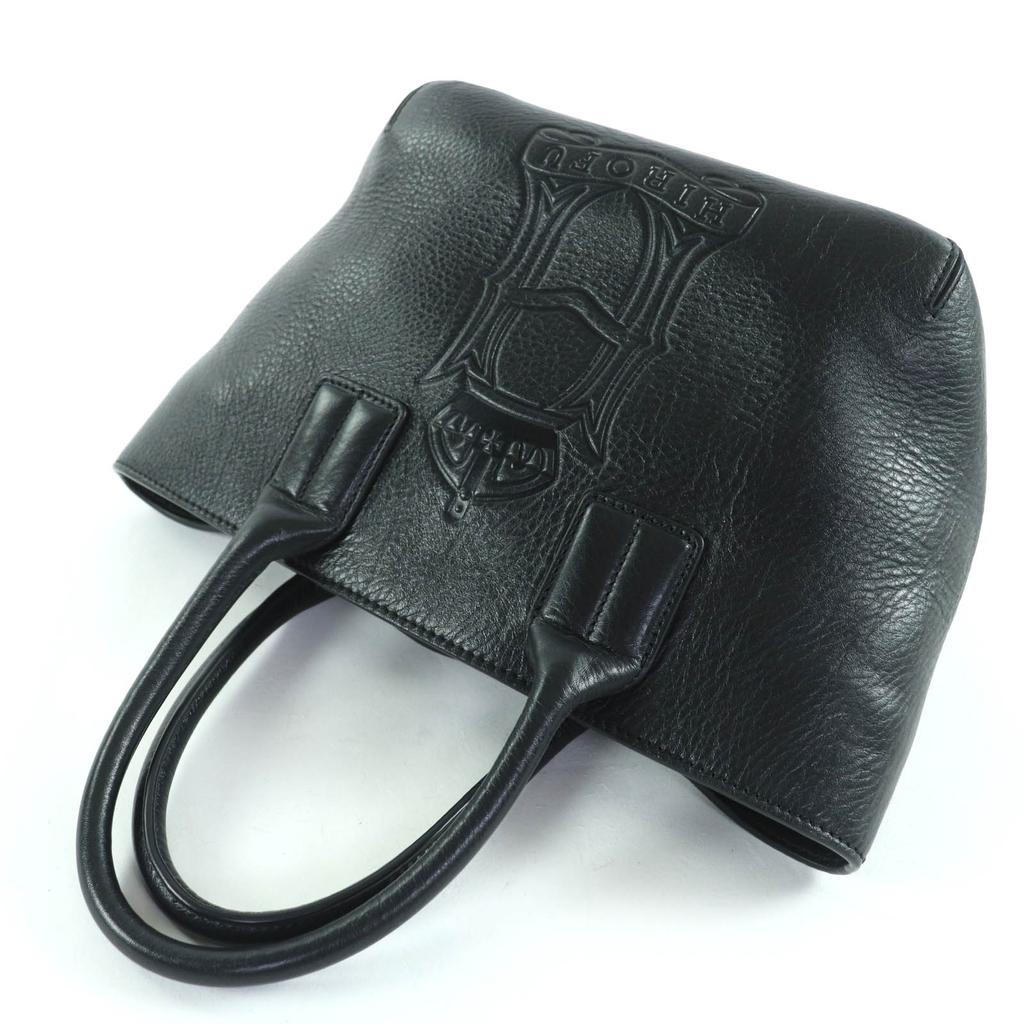 Great HIROFU Handbag Front Logo All Leather Tote Bag Black Leather Women Used