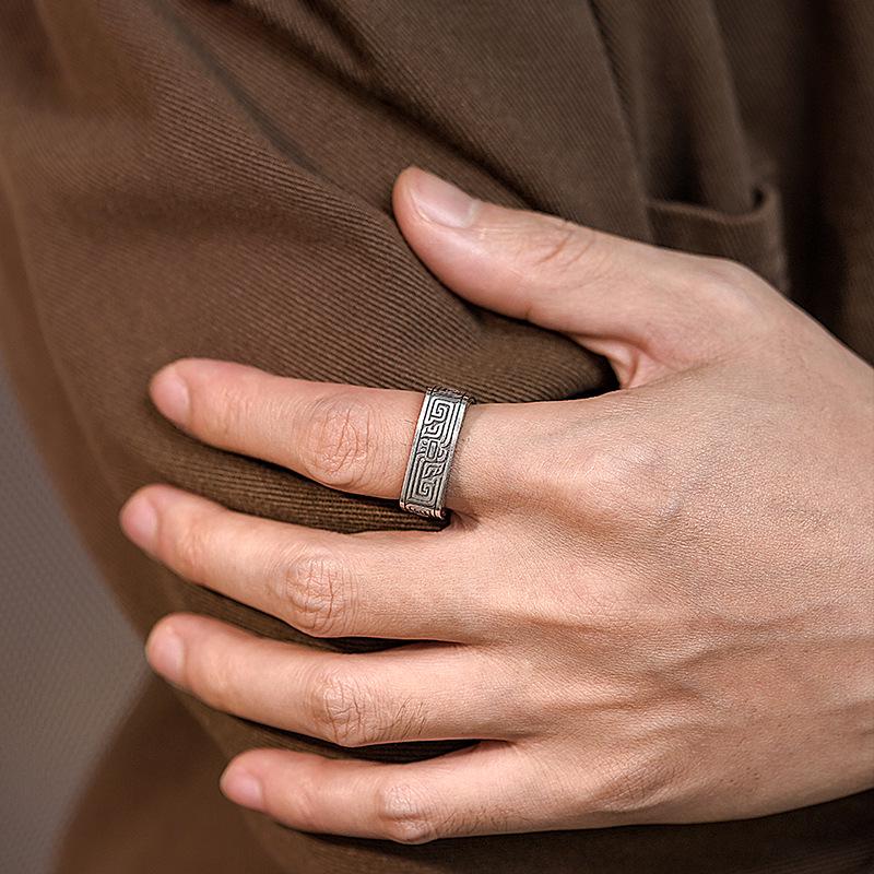 Yin Taifei Retro Square Pattern Thai Silver Unisex Open Ring - High-End Chinese Style Design