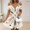 Women Plus Size White Printed Cold Shoulder V Neck Chain Strap Zipper Short Sleeve Flared Hem Dress