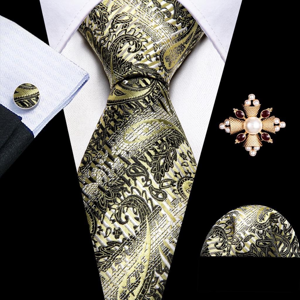 Barry.Wang Pearl sagė su kaklaraiščiu vyrams Paisley gėlių šilko kaklaraištis Hanky rankogalių sąsagų rinkinys