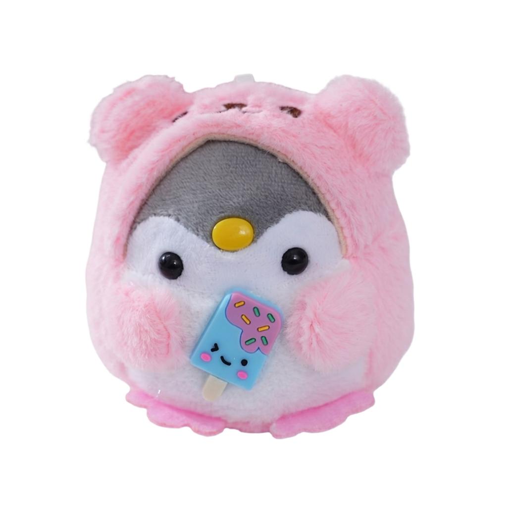 Plush Penguin Stuffed Animal Keychain Soft Toy with Ice Cream Accessory and Bear Hood Cute Design for Kids and Collectors