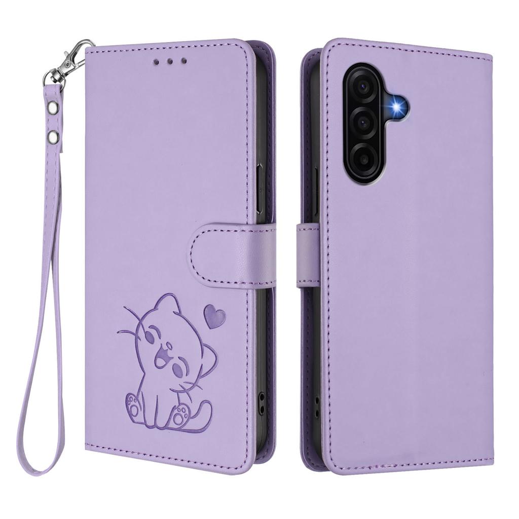 For Samsung Galaxy A57 5G Wallet Case with Wrist Strap Love Cat Pattern Imprint Leather Phone Cover