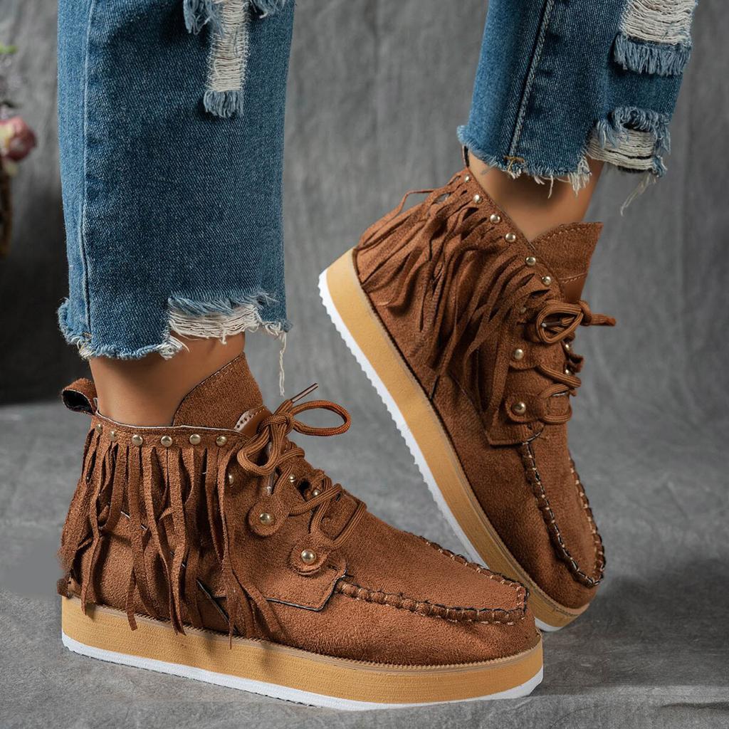 Platform Thick Soled Tassel Women's Short Boots Fashionable And Casual Retro Outdoor Lace up Boots for Women with Heel Suede