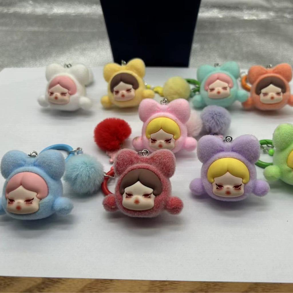 Cute SP Girl Mini Flocking Cartoon Kawaii Particles labubu Phone Chain Keychain Backpack Pendant Shoulder Bag Phone Charm Key Chain Gift