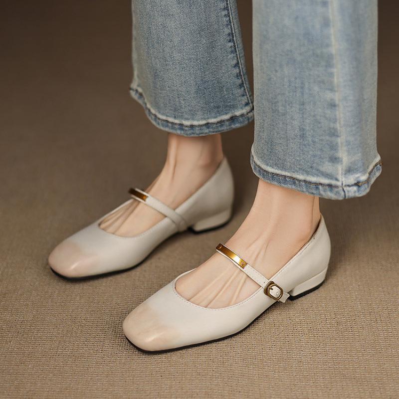 Neue Damen-Einzelschuhe für alle vier Jahreszeiten, eckige Spitze, niedriger Absatz, Größe Damenschuhe, Blockabsatz, weiche Sohle, Slipper, flacher Ausschnitt, kleine Lederschuhe