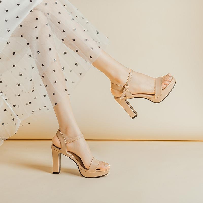 Summer new sandals women's thick heel one-word buckle high heels waterproof table open-toed women's shoes leather surface