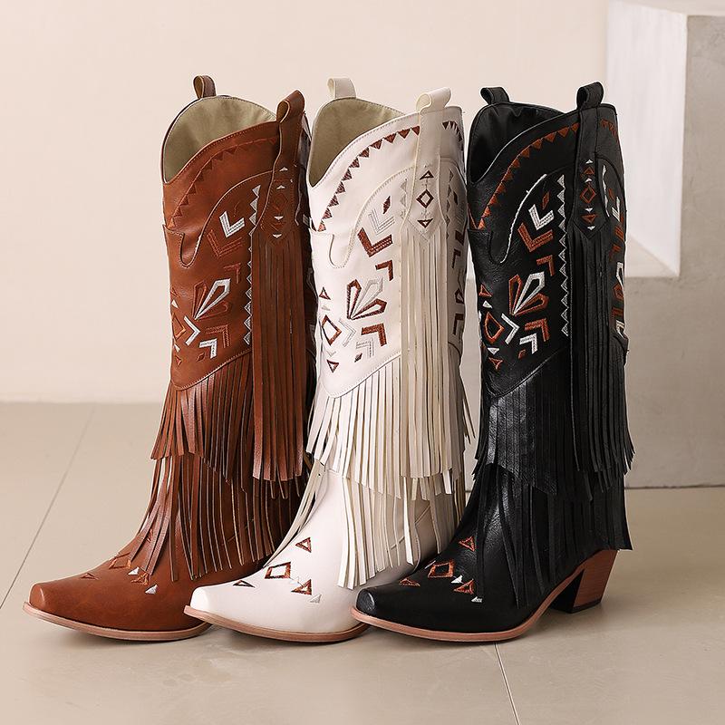 Fashion IPPEUM Cowboy Boots For Women Black Brown Pu Leather Western Shoes Plus Size 35-46 Knee High Cowgirl Boots