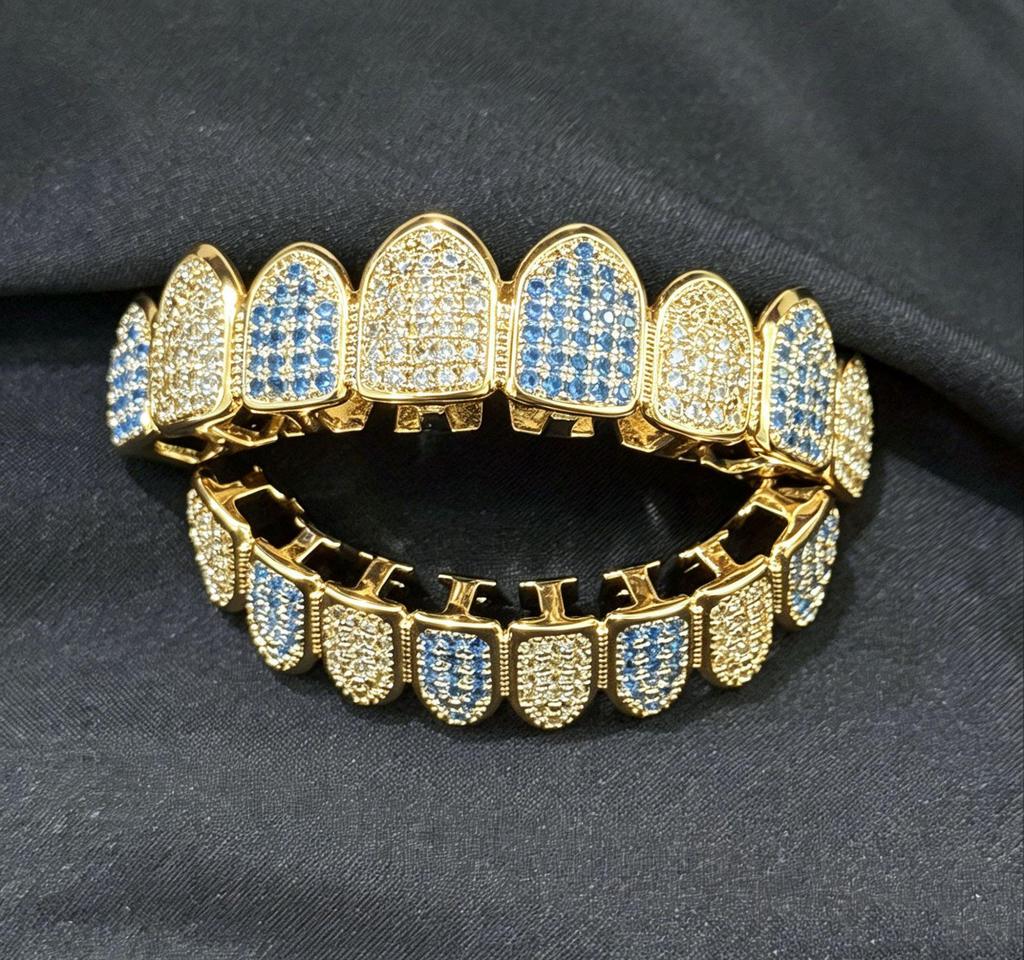 Blue & White Zircon Hip Hop Grillz for Halloween Costume - Micro-inlaid Zircon Tooth Jewelry