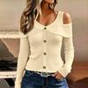 Women's Color Off-Shoulder Long Sleeve Ribbed T-Shirt with Button