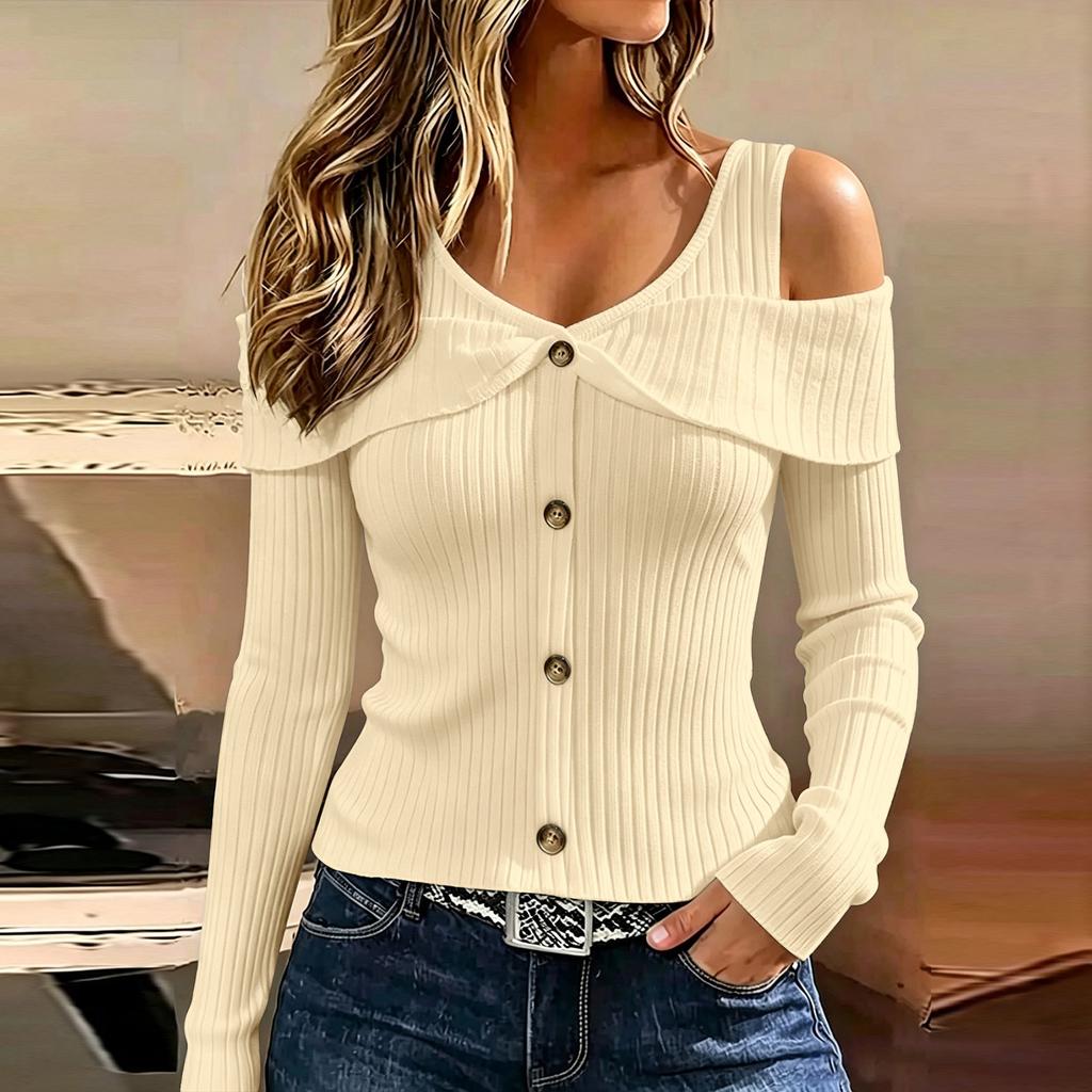 Women's Color Off-Shoulder Long Sleeve Ribbed T-Shirt with Button