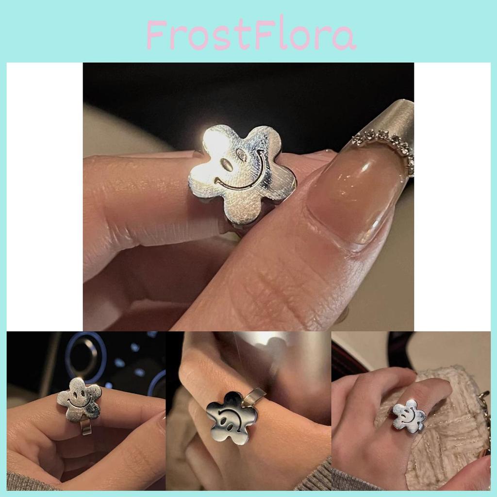 Stilvoller Hip-Hop-Ring mit Blumen-Smiley-Gesicht, einzigartiges verstellbares Kupferdesign für Damen