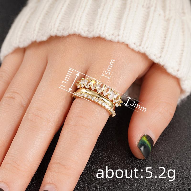 Light Luxury Zircon Ring Three-Piece Set, Wedding Banquet Dress Accessories, Fashionable Geometric Design Ring