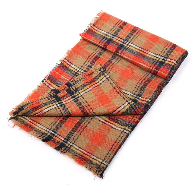 Autumn/Winter Striped Orange Checked Color Checked Soft Scarf, Large Square Shawl, Ladies