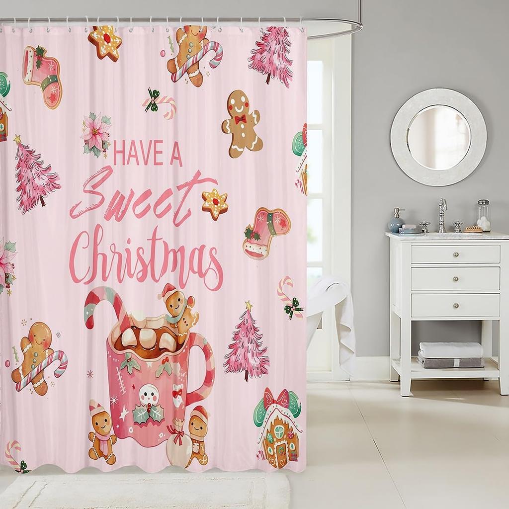 Sweet Pink Christmas Gingerbread House Shower Curtain with Cute Gingerbread Man Pattern, Bathroom Decor for Xmas Holiday