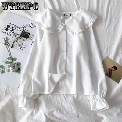 Peter Pan Collar Shirts Women Korean Students Kawaii Lovely Daily Tops Streetwear Casual Solid Blouses